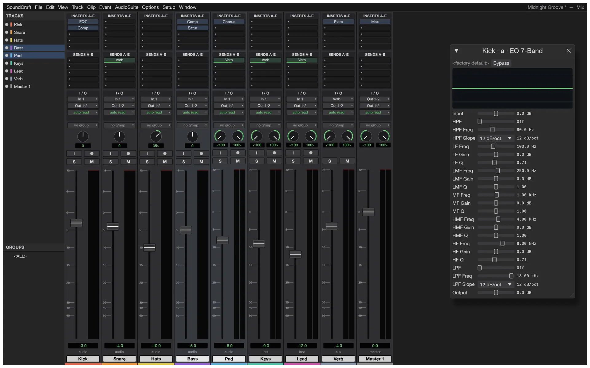 SoundCraft, a free online DAW, showing the Mix window with channel strips, sends, faders and meters beside an EQ plugin