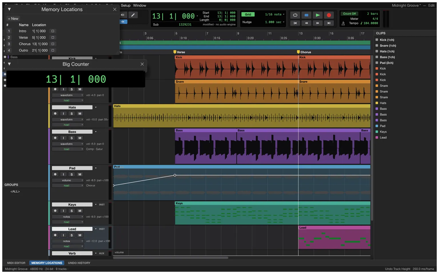 Volume automation drawn on a track in SoundCraft, with the Memory Locations and Big Counter windows open