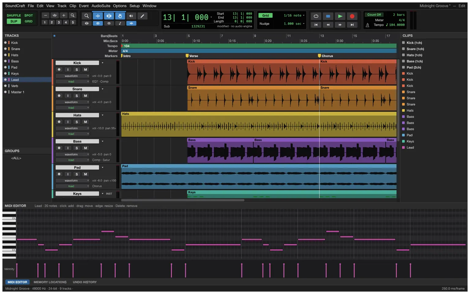 The SoundCraft MIDI editor showing a melody as a piano roll with a velocity lane